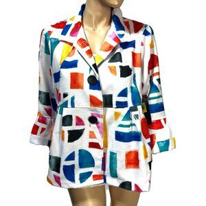 Ali Miles Women’s Jacket Size L P Petite Bell Sleeve Wire Collar Abstract NWT